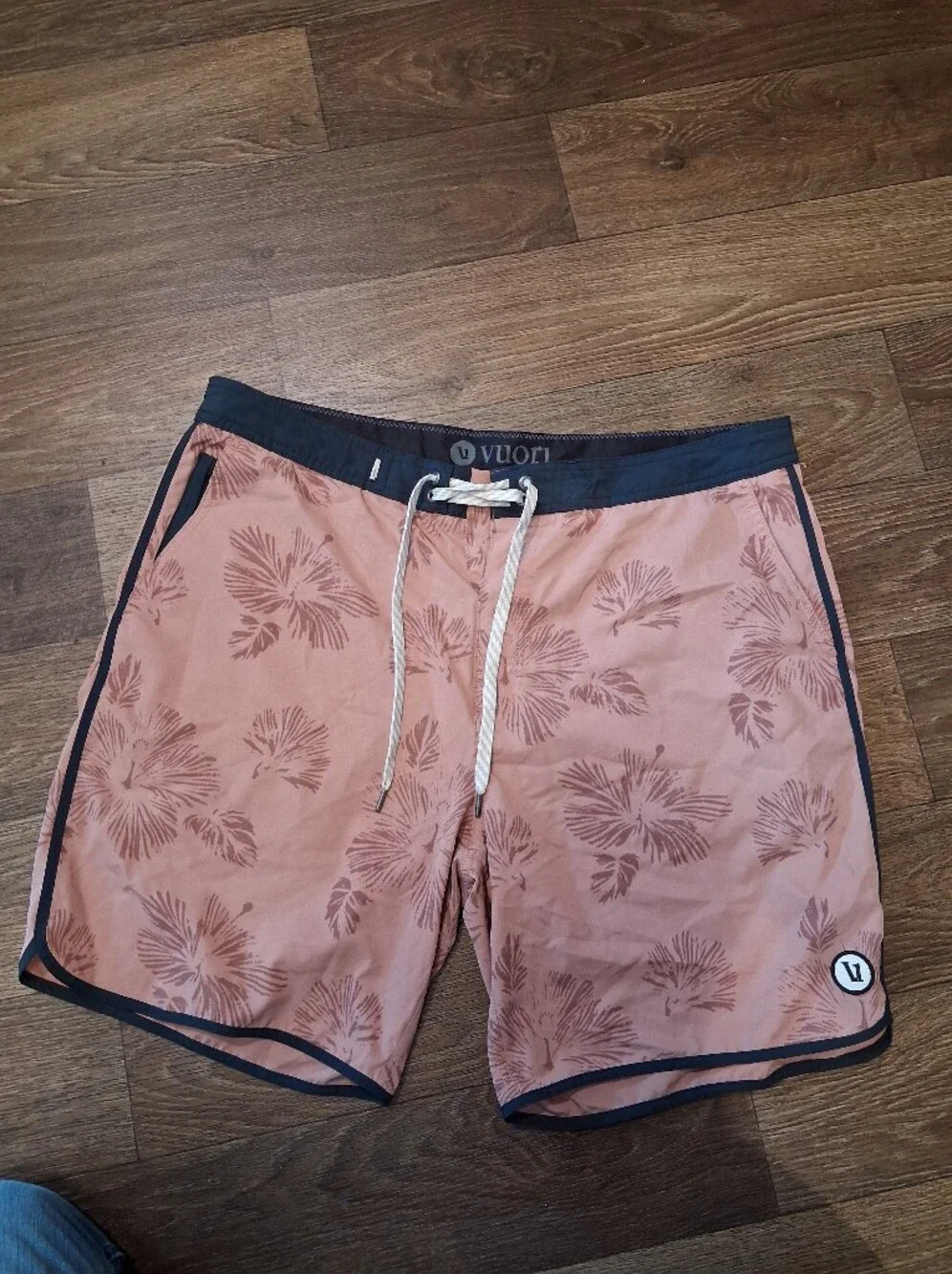 Vuori Men's Coral Pink Floral Board Shorts with Navy Trim